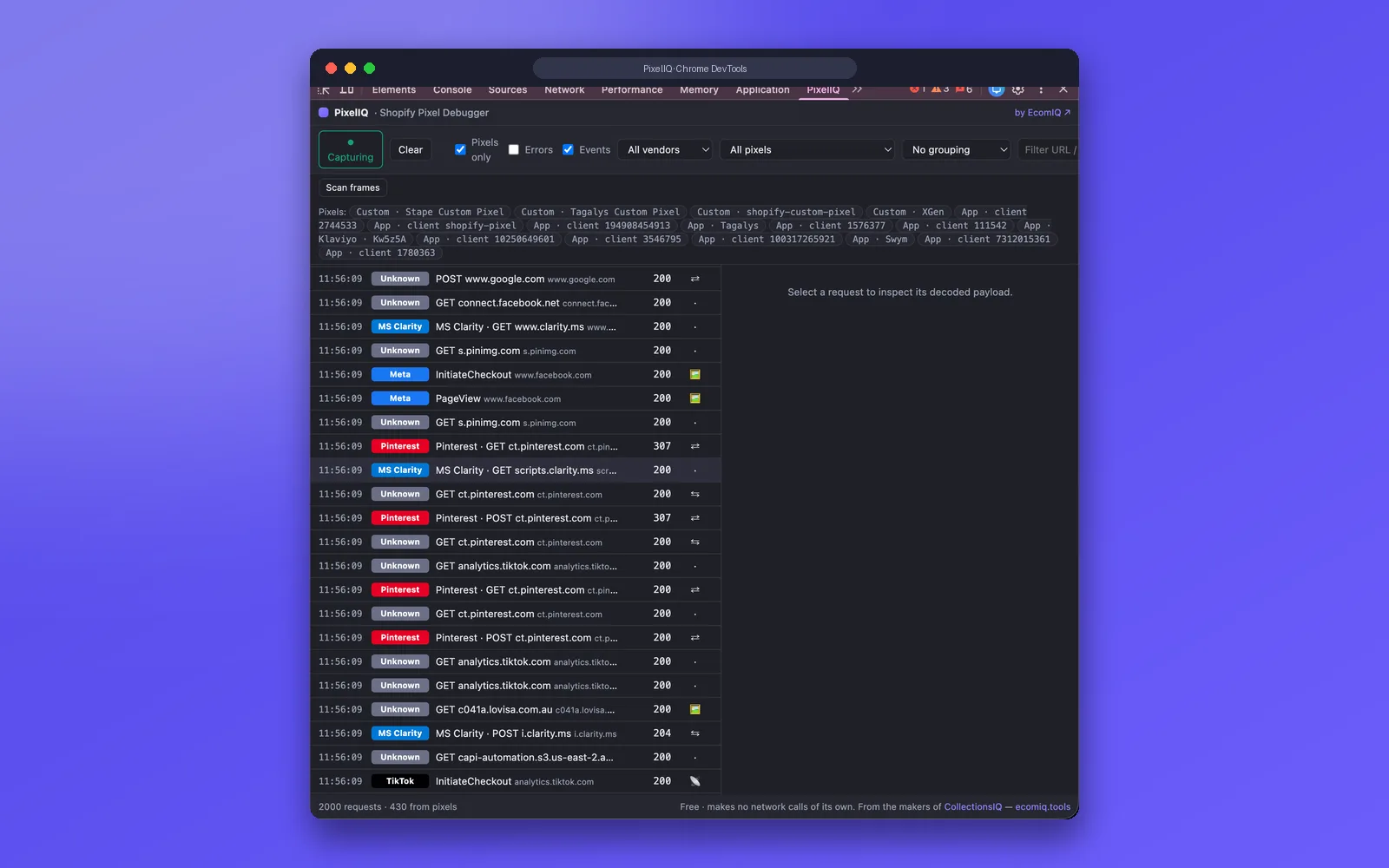 PixelIQ — Chrome DevTools panel decoding Shopify pixel traffic live